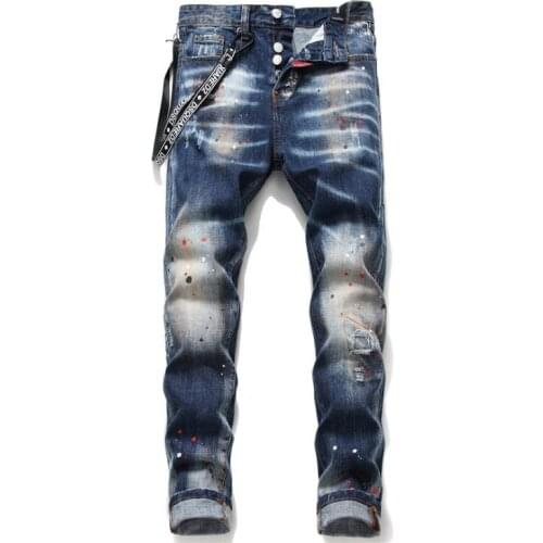 New Mens Skinny Jeans With Ripped Holes And non-stretch Paint Splashing Retro Blue Pants goth clothes