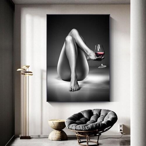Nude Woman Wine Glass Canvas Paintings Black White Sexy Girl Posters and Prints Wall Art Pictures for Living Room Home Decor