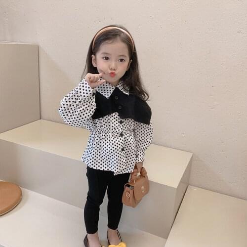 Autumn 2021 Children Shirt Girls' Polka Dot Doll Shirt Fashionable Long-Sleeved Shirt Top 2 Pieces