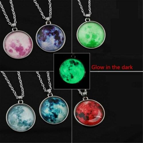 Unisex Glow in the Dark Moon Earth Galaxy Round Luminous Pendant Choker Necklace