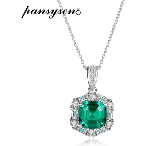 PANSYSEN Vintage Emerald Silver Necklaces 100% 925 Sterling Silver Pendant Necklace for Women Anniversary Fine Jewelry