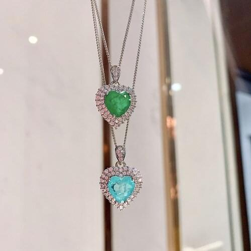 925 Sterling Silver 10*10mm Heart-Shaped Paraiba Tourmaline Emerald High Carbon Diamond Pendant Necklace for Women Fine Jewelry
