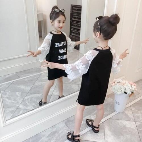 2 3 4 5 6 7 Y Toddler Girl Dresses 2021 Summer New Baby Fashion Letter Print Short Sleeve Dress Girls Korean Lace Splicing Dress