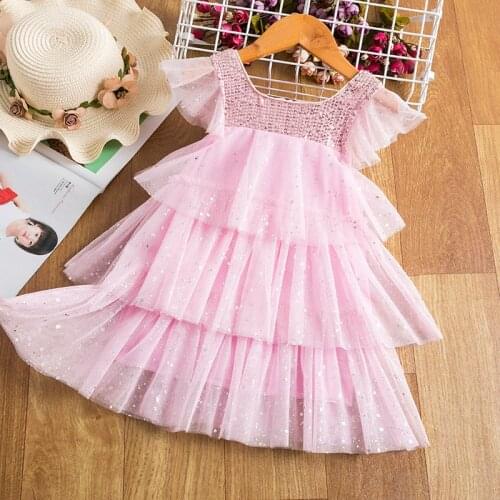 Girls Dress Summer Puffy Sleeve Sequin Cake Layer Mesh Priness Birthday Party Clothes Elegant Ball Gown Wedding For Kids