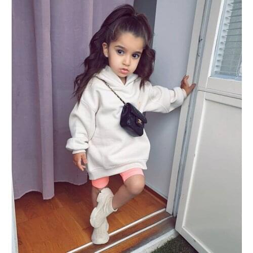 Casual Kids Baby Girl White Sweatshirt Dress Autumn Long Sleeve Hooded Mini Straight Dress Children Long Pullover Tops 1-6Y
