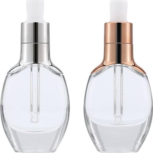 Empty Clear Glass Essential Oil Dropper Vials Gold Lid White Top Cosmetic Container 30ml Round Flat Refillable Bottle 5pieces