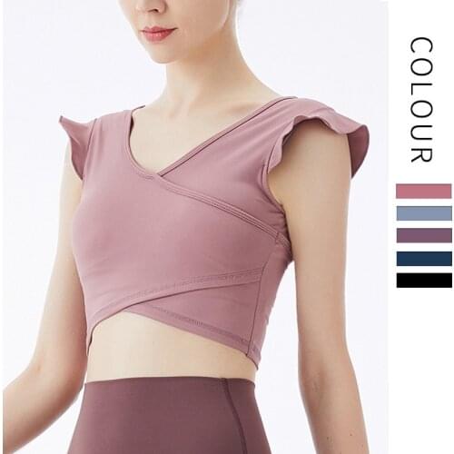 Sexy Cropped Yoga Top Sleeveless Fitness T Shirt Women Breathable Running Training Sport T-shirt Lotus Leaf Gym Tops With Chest