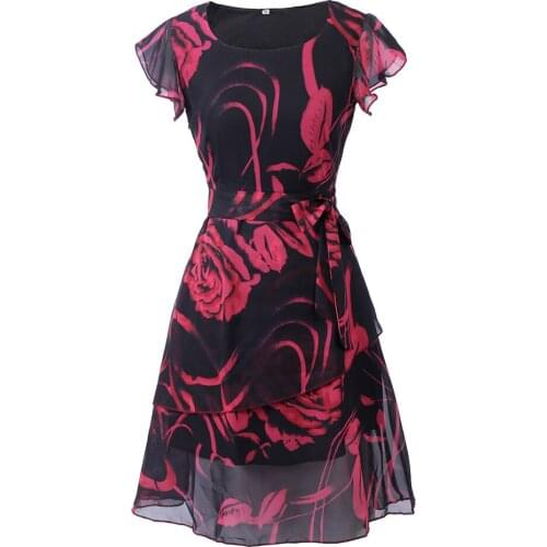 Tmwevn Chiffon Dress Big Swing Dress with Lotus Leaf Sleeves s-5xl