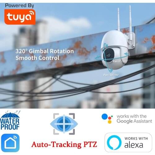 Tuya Smart Outdoor WiFi PTZ Camera Support Alexa Google Home 1080P HD Wireless Security Dome IP Camera with Human Auto Tracking
