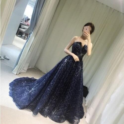 Gorgeous Navy Blue Evening Dresses Strapless Zipper Back Sweep Train Long Prom Dresses Shining Beads Sequins