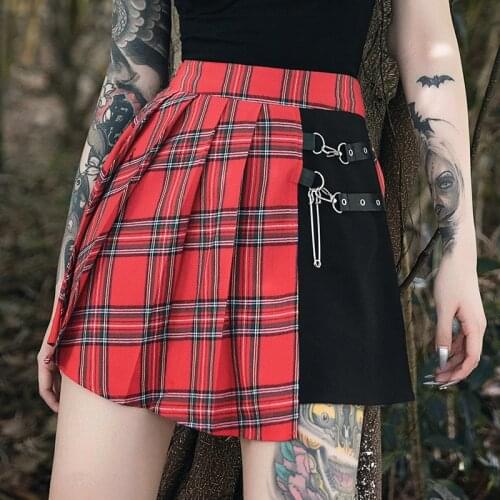 Womens Punk Irregular A-line High Waist Plaid Skirts Gothic Sexy Clubwear Slim Mini Skirt Harajuku Pleated Skirt