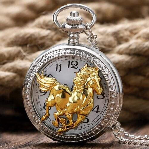 Hollow Gold Horse Silver Necklace Chain Quartz Pocket Watch Arabic Numerals Display Dial Pendant Pocket Clock Gifts Men Women