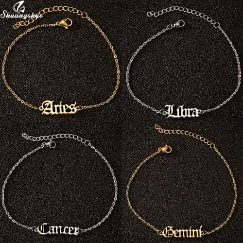 Hip Hop Art Old English Aries Cancer Gemini Libra Letter Zodiac Anklets for Women Vintage 12 Constellation Ankle Bracelet Gift