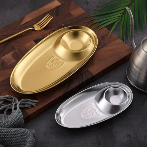 1Pcs 304 Stainless Steel Snack Plate Oval French Fries Plate with Seasoning Grid Dumpling Plate Fried Chicken Dim Sum Plate