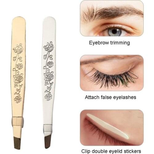 1Pc Professional Eyebrow Tweezers Stainless Steel Eyebrow Clip Rose Pattern Flat Hair Removal Tweezers Face Harmless Makeup Tool