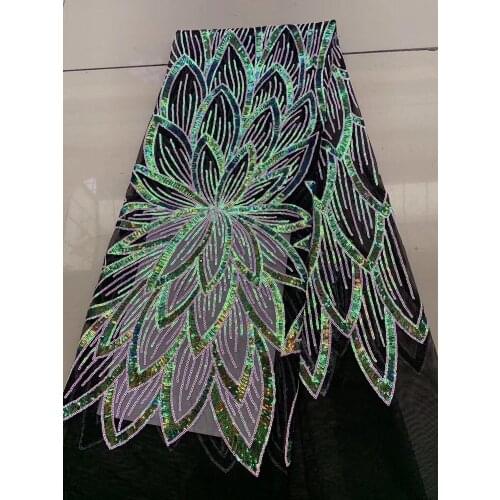 2019 African Net Lace Fabric, High Quality Elegant green Sequins Nigerian Wedding Lace Fabrics 5Yards Sequins French Tulle lace