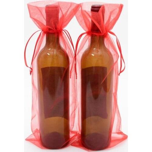 50pcs 15x38cm Gold Drawstring Organza Wine Bags For Wedding Party Gift Champagne Bottle Holder Pouches free shipping