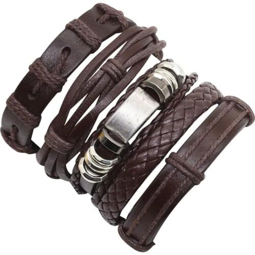 Evil Eye 6pcs/set Combination Wrap Fashion Alloy Vintage Cuff Bangle Genuine Leather Bracelets Men Women Jewelry Accessories