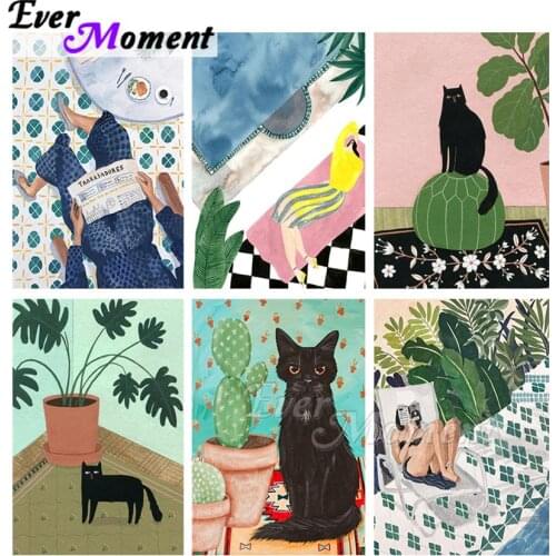 Ever Moment Diamond Painting Black Cat Full Square Resin Drill Diamond Embroidery Art Handmade Bedroom Wall Decoration ASF2109