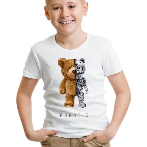 BLINGPAW Teddy Bear Robotic Letter Print Kids T-shirt 100% Cotton Unisex Top&Tees Summer Kid Clothes Baby Tshirts