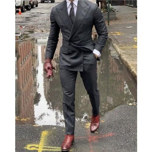 Double Breasted Grey Wedding Suit Prom Men Suit Groom Tuxedo Man Blazer Latest Design Costume Homme Mens Suit 2 Pcs Jacket Pant