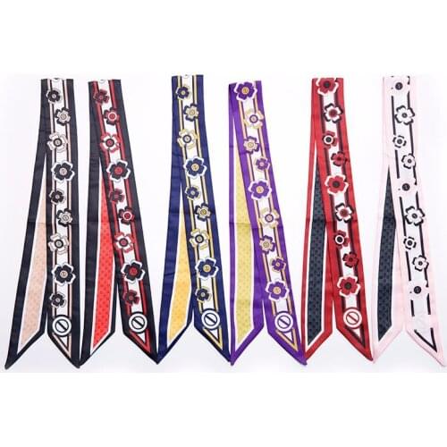 Luxury Brand Ladies Summer Scarf Flower Print Twill Turban Satin Headband Skinny Beach Bag Ribbon Womens Neck Scarf JK51