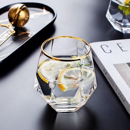 GY Creative Diamond Gold Rim Glass Cup Juice Whiskey Glass Household Tea Cup Heat-Resistant Geometric Milk Cup