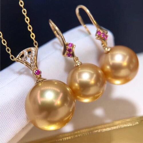 D919 Pearl Set Fine Jewelry Solid 18K Gold Round 9-12mm Nature Salt Sea Water Golden Pearls Jewelry Sets for Women Presents