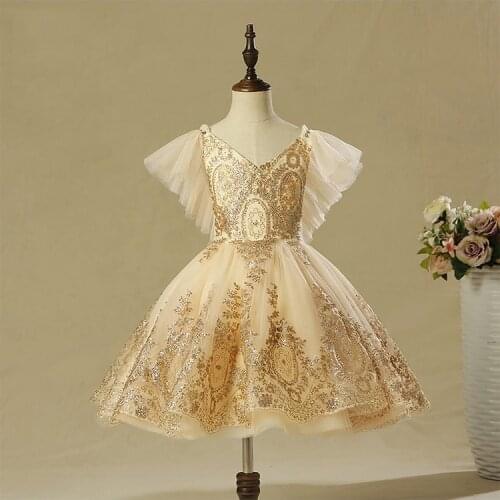 Golden Sequin Lace Baby Girl Dress 1 Year Birthday Party Gown Newborn Baptism Dress Toddlers Girl Newborn Girl Christening Dress