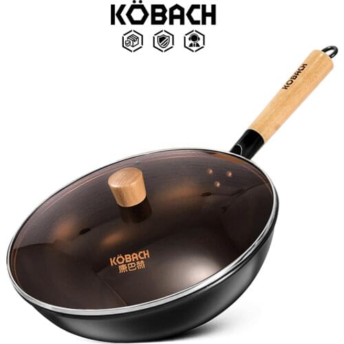KBH 32cm iron wok durable chinese traditional wok non stick fry pan pure iron pan with glass lid and wooden handle