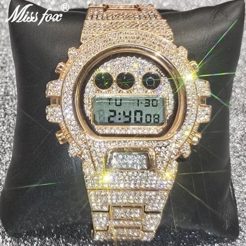 Hip Hop MISSFOX Top Brand Luxury Date Men Digital WristWatch Chronograph Waterproof Iced Out Stainless Steel Male Jewelry Clocks