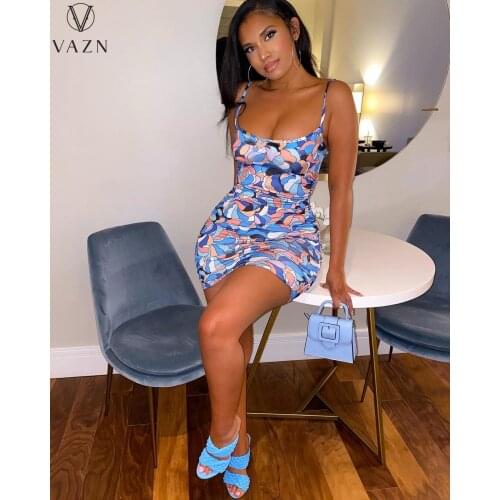 VAZN 2021 New Parity Retro Soft Elastic Little Chap Sexy Spaghetti Strap Sleeveless Elastic Women High Waist Mini Dress