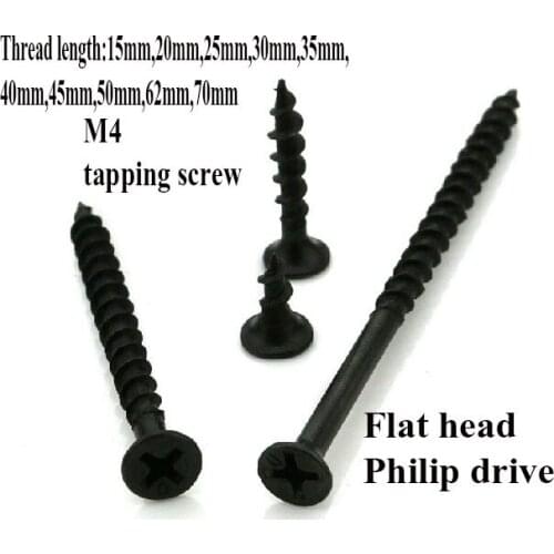 Harden black M4 tapping screw,for wood works flat head,coarse thread,philip drive black, zinc plated furniture screw