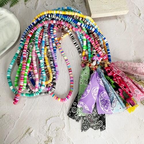 Lifefontier Bohemian Polymer Clay Pearl Necklaces for Women Fabric Pendant Colorful Surfer Beads Collar Choker Necklace Jewelry