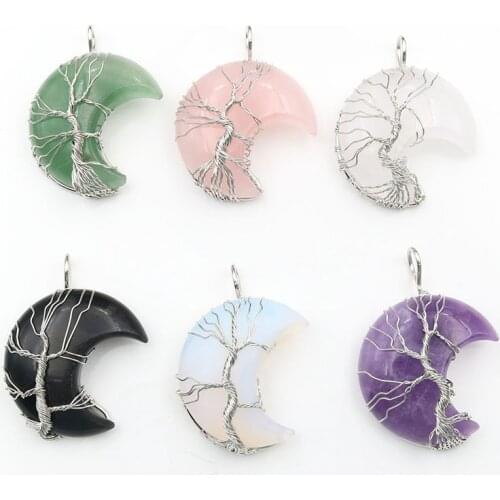 XSM Wire Wrapped Tree of Life Pendants Crescent Moon Shape Natural Stone Amulet Lucky Charms Black Agates Jewelry Necklaces Fits