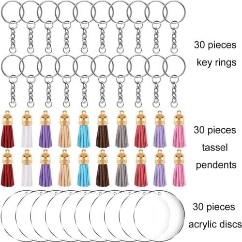 Clear Acrylic Circle Disc Keychain Blanks Tassel DIY Keychain Pendant Key Ring Kit For Gift Labels, Pendant Decoration