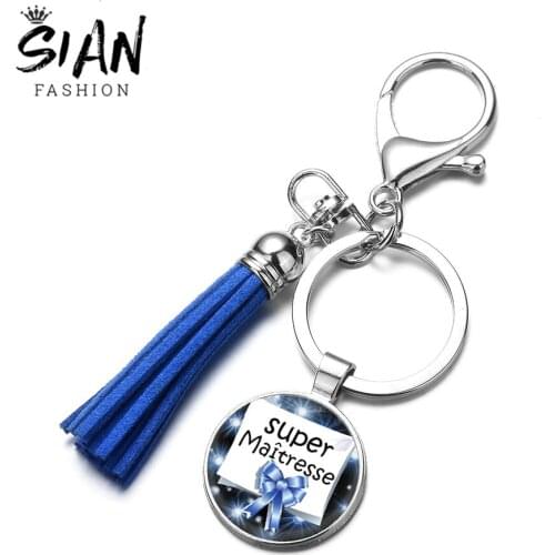SIAN Hot! Teachers Keychain Super Mistress Fashion Printed Glass Dome Key Chain Solid Color Tassel Silver Plated Key Ring Keyfob