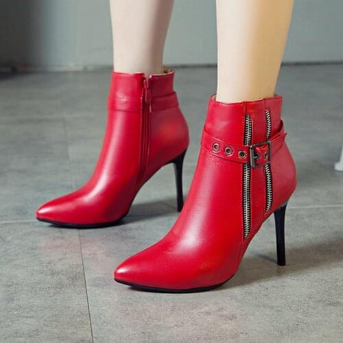 YMECHIC 2019 Stiletto Sexy Thin High Heel Womens Ankle Boots Pointed Toe Buckle Strap Zipper White Red Black Heeled Party Shoes