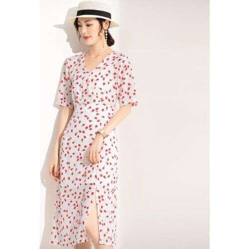White silk printed red fruit floral dress women big summer long work boho beach office sexy party luxury dresses plus size