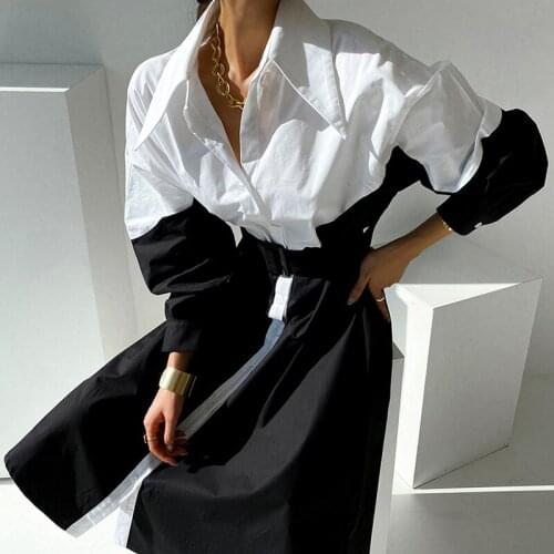 Women Dress 2021 Autumn French Chic Elegant Temperament Pointed Collar Black White Contrast Single-Breasted Vestidos