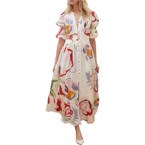Summer Fashion Temperament Chiffon Womens Dress 2021 New Print Short Sleeve V-Neck Single Breasted Long Beach Dresses NBH94