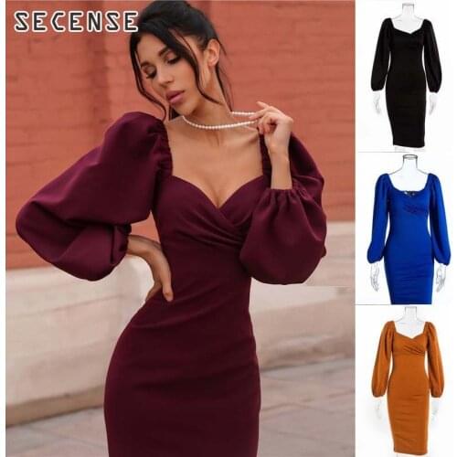 Womens Dresses Sexy Deep V-Neck Off Shoulder Puff Sleeve Midi Dress Lantern Sleeve Bodycon Party Night Club Elegant Vintage