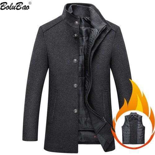 BOLUBAO Winter Mens Wool Blend Coats Fashion Brand Men Stand Collar Wool Coat Luxurious Casual Overcoat Male (With vest)