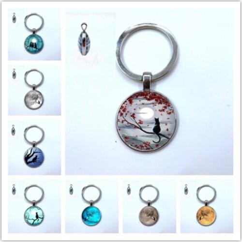 2019 / Stylish Blue Moon Twig with Cat double sided Glass Round Pendant Keychain, Mens & Womens Jewelry Keychain