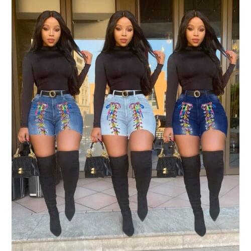 2021 Summer Sexy Denim Shorts Colorful Bandage High Waist Torn Short Jeans Personality Tassel Bandage Bandage Hot Pants New