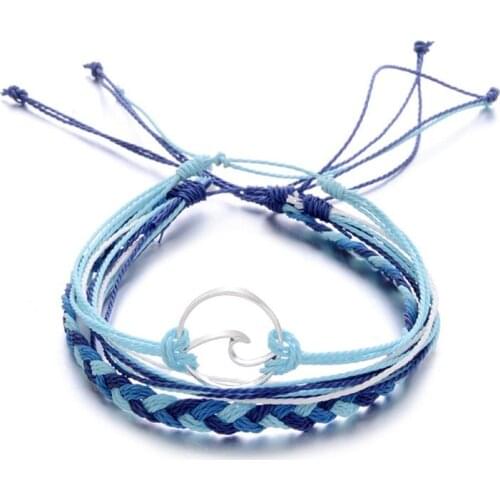 3Pcs /Set Friendship Adjustable Causal Handmade Waxed Cord Weave Multilayer Beach Blue Wave Bracelets Set For Women Jewerly