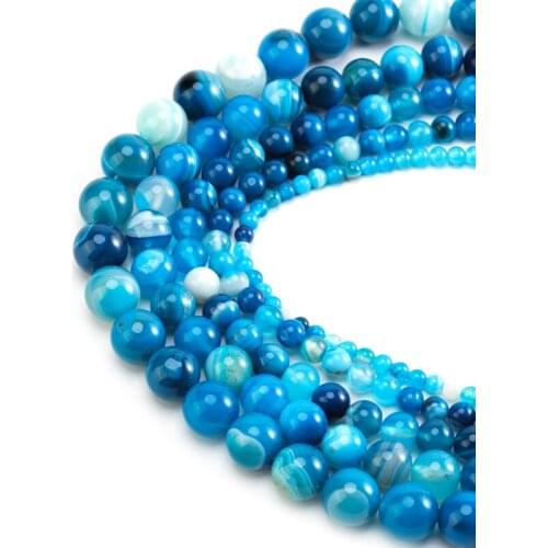 Xinyao Natural Stone Beads Polished Blue Stripes Agates Stone Beads Diy Spacer loose Beads for Jewelry Making bracelet