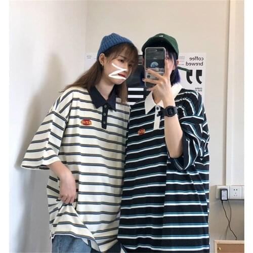 Black And White Stripe Polo Shirts Collar Knit Polo Student Shirt Cotton Breathable Oversized Shirt Soft Cotton Polo Tees
