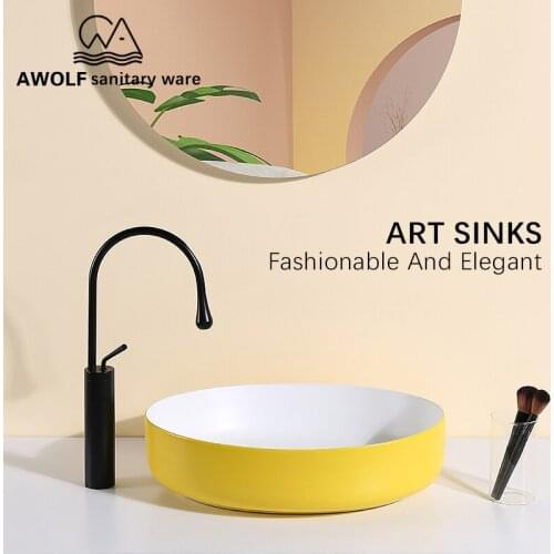 Art Bathroom Sinks Bright Yellow White Handmade Ceramic Vessel Washing Basin Bowl Modern Above Counter Round Lavatary Sink AM895