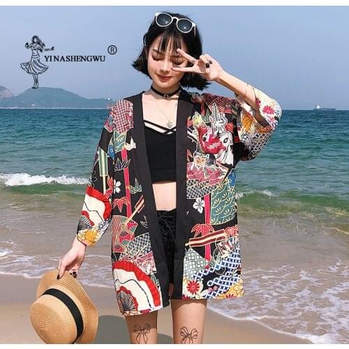 Yukata Women Kimono Cardigan Japan Kimonos Asia Clothes Summer Fish Print Shirt Top Casual Kimonos Kawaii Kimono Cosplay Costume